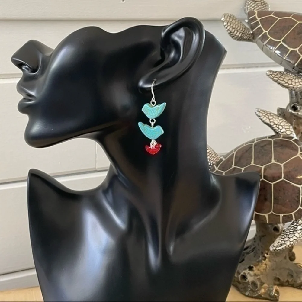 2/$29 Handmade Bird Statement Earring 2” Turquoise Magnesite Spring Blue Red